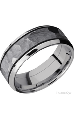 8 mm wide/Beveled/Cobalt Chrome band with one 5 mm Centered inlay of Tantalum.