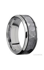 8 mm wide/Beveled/Cobalt Chrome band with one 5 mm Centered inlay of Tantalum.