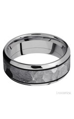 8 mm wide/Beveled/Cobalt Chrome band with one 5 mm Centered inlay of Tantalum.