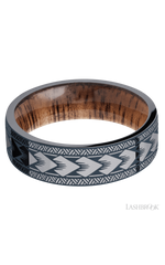 7 mm wide/Flat/Tantalum band with a laser carved Maori pattern also featuring a Koa sleeve.