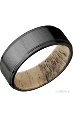 8 mm wide Flat Grooved Edges Zirconium band featuring a Spalted Tamarind sleeve.