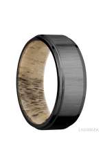 8 mm wide Flat Grooved Edges Zirconium band featuring a Spalted Tamarind sleeve.