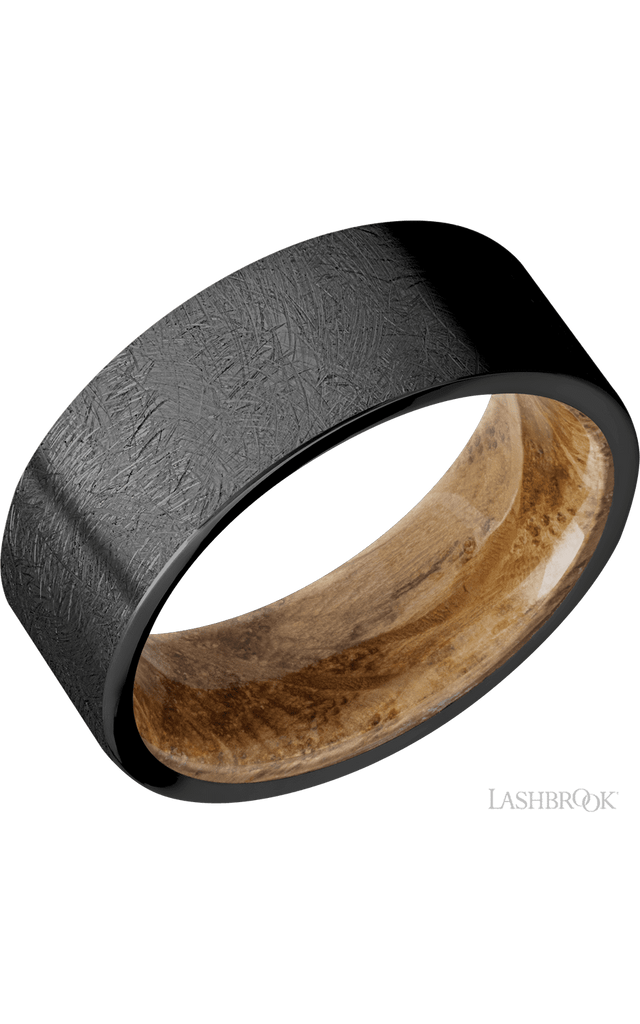 8 mm wide Flat Zirconium band featuring a Whiskey Barrel sleeve.