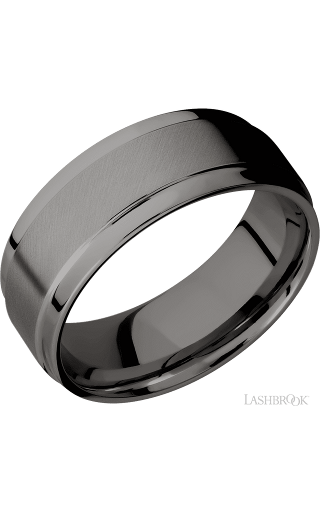8 mm wide Flat Wide Grooved Edges Tantalum Noir band.