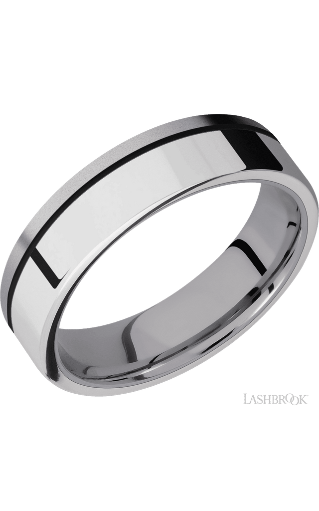 6 mm wide/Flat/Tantalum band with one 4 mm Off Center Edge inlay of Palladium Silver.