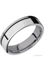 6 mm wide/Flat/Tantalum band with one 4 mm Off Center Edge inlay of Palladium Silver.
