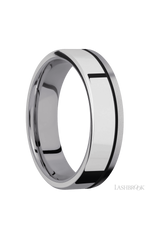 6 mm wide/Flat/Tantalum band with one 4 mm Off Center Edge inlay of Palladium Silver.