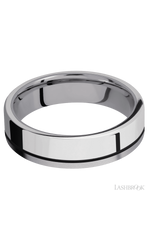 6 mm wide/Flat/Tantalum band with one 4 mm Off Center Edge inlay of Palladium Silver.