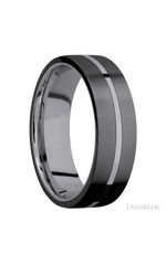 7 mm wide/Flat/Tantalum band with two 3 mm Double Off Center Edge inlays of Zirconium.