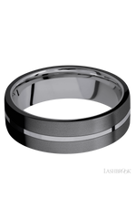 7 mm wide/Flat/Tantalum band with two 3 mm Double Off Center Edge inlays of Zirconium.