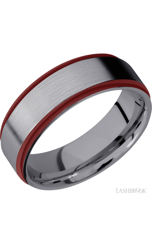 7 mm wide/Flat Grooved Edges/Tantalum band with two 1 mm Edge inlays of Crimson.