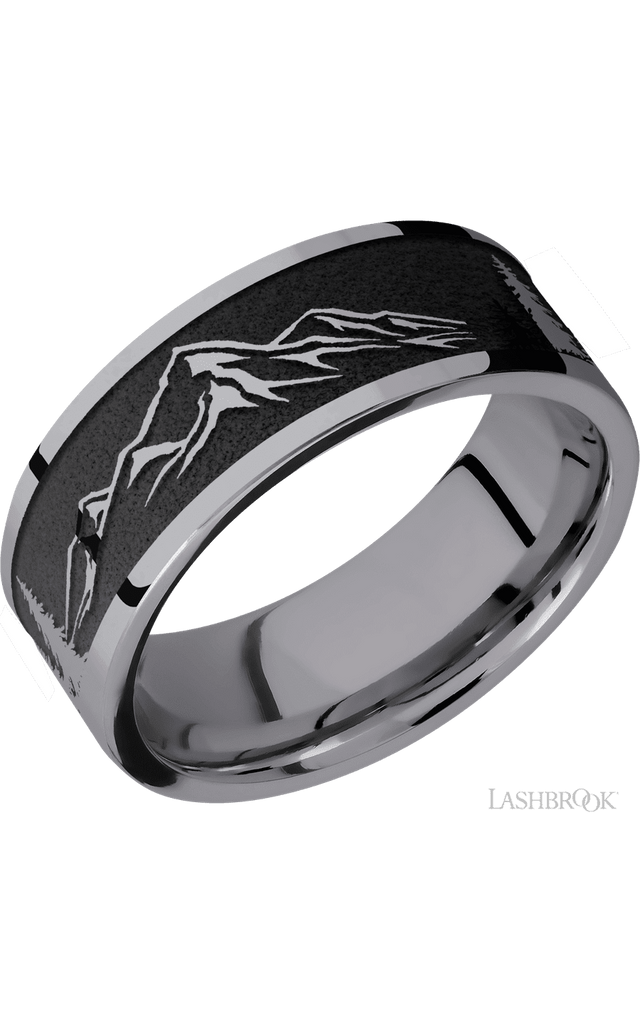 8 mm wide/Flat/Tantalum band with a laser carved Mountain 2 pattern.