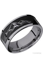 8 mm wide/Flat/Tantalum band with a laser carved Mountain 2 pattern.