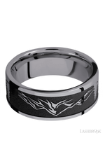 8 mm wide/Flat/Tantalum band with a laser carved Mountain 2 pattern.