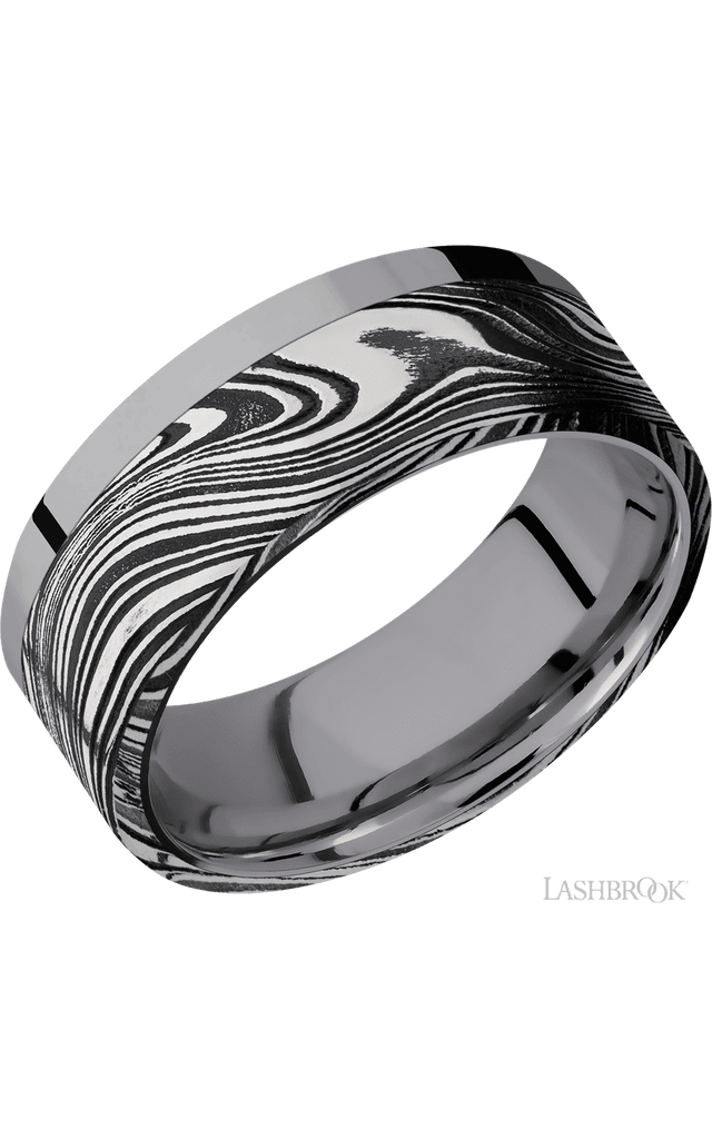 8 mm wide/Flat/Tantalum band with one 6 mm Off Center Edge inlay of Marble.