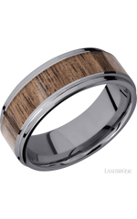 8 mm wide/Flat Grooved Edges/Tantalum band with one 5 mm Centered inlay of Walnut.