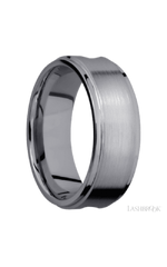 8 mm wide/Flat Grooved Edges/Tantalum band with one 5 mm Centered inlay of Walnut.