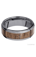 8 mm wide/Flat Grooved Edges/Tantalum band with one 5 mm Centered inlay of Walnut.