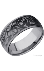 9 mm wide/Domed/Tantalum band with a laser carved Western Scroll pattern.