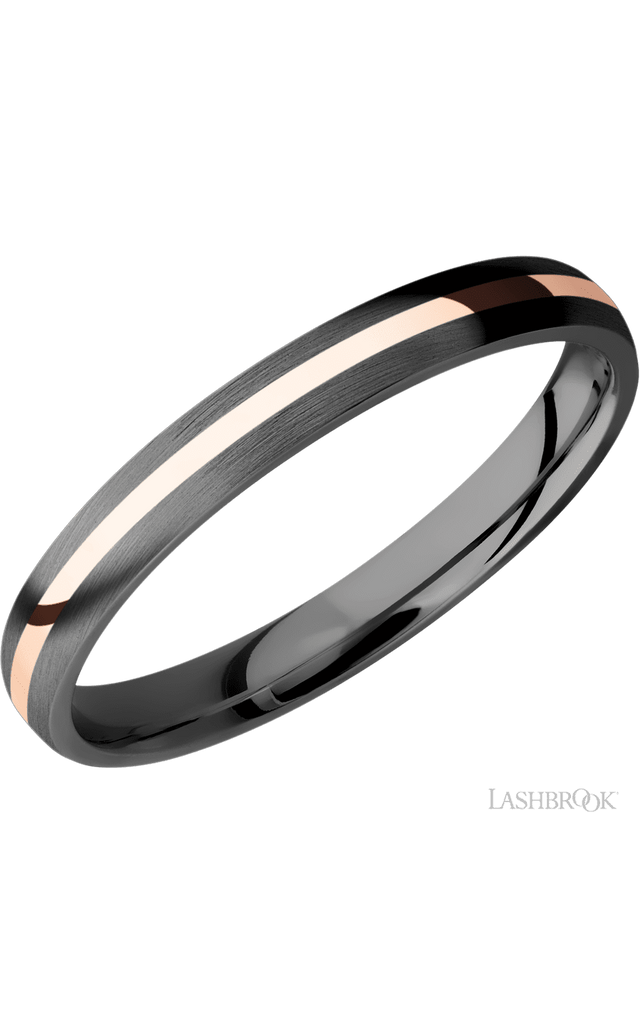 3 mm wide/Domed/Zirconium band with one 1 mm Centered inlay of 14K Rose Gold.