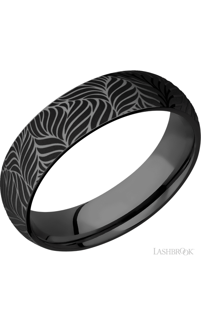 6 mm wide/Domed/Zirconium band with a laser carved Twisted Leaf pattern.