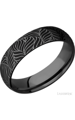 6 mm wide/Domed/Zirconium band with a laser carved Twisted Leaf pattern.