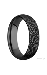 6 mm wide/Domed/Zirconium band with a laser carved Twisted Leaf pattern.
