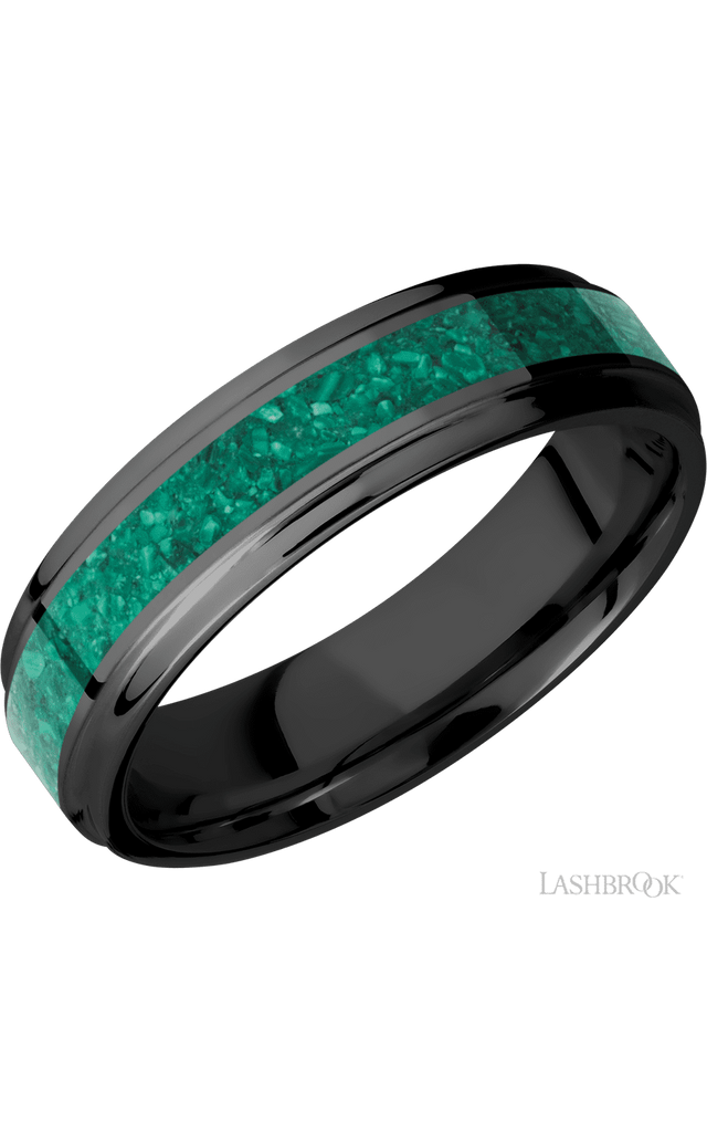 6 mm wide/Flat Grooved Edges/Zirconium band with one 3 mm Centered inlay of Malachite.