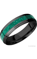 6 mm wide/Flat Grooved Edges/Zirconium band with one 3 mm Centered inlay of Malachite.
