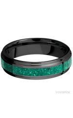 6 mm wide/Flat Grooved Edges/Zirconium band with one 3 mm Centered inlay of Malachite.