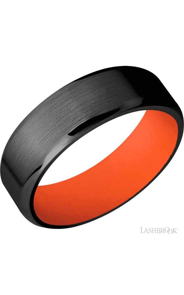 7 mm wide Beveled Zirconium band featuring a Hunter Orange sleeve.