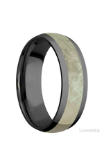 7 mm wide/Domed/Zirconium band with one 4 mm Centered inlay of Freshwater Mother of Pearl.