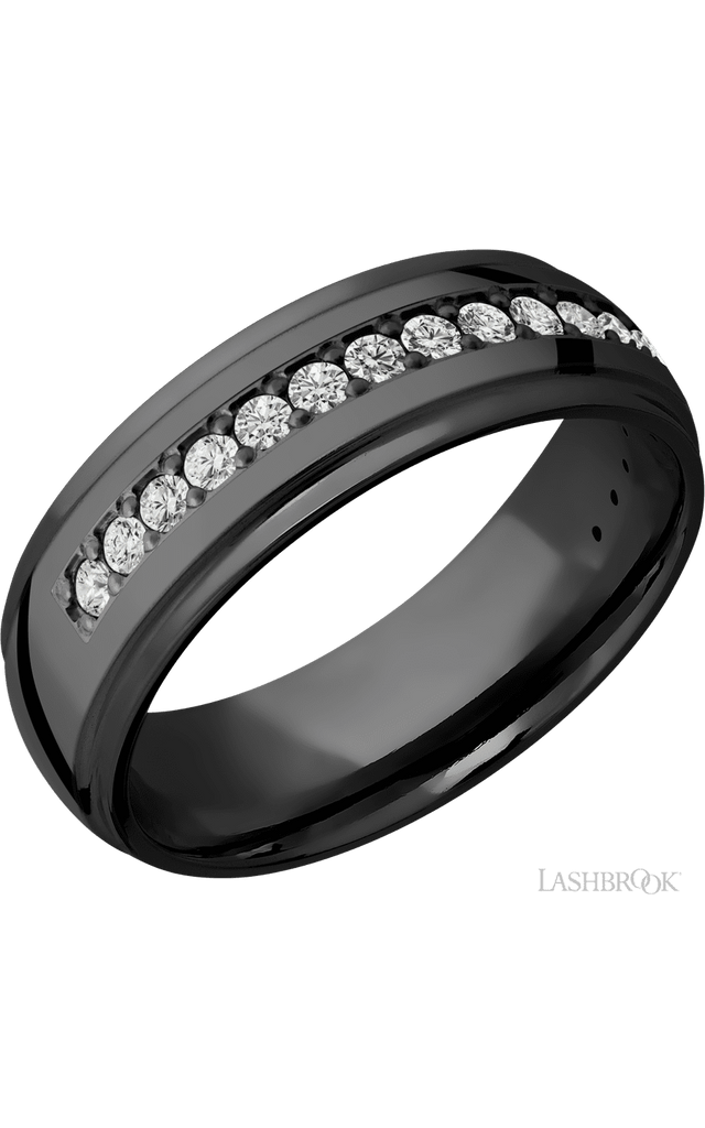 7 mm wide/Domed Stepped Down Edges/Zirconium band with a Half Eternity arrangement of .03 carat Round Diamond stones in a Bead setting.