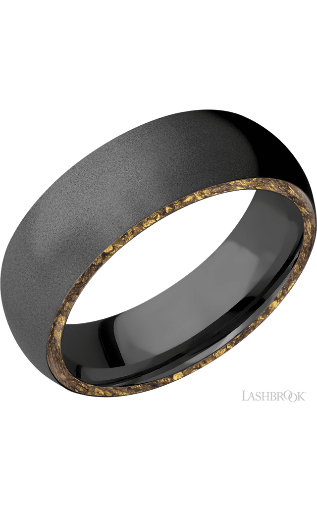 7 mm wide/Domed/Zirconium band with two 1 mm Side inlays of Alaskan Gold Nugget.