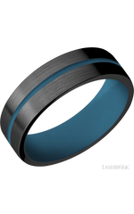 7 mm wide/Flat/Zirconium band with one 1 mm Centered inlay of Royal Blue also featuring a Royal Blue sleeve.