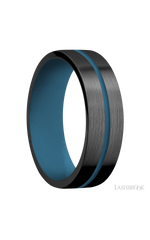 7 mm wide/Flat/Zirconium band with one 1 mm Centered inlay of Royal Blue also featuring a Royal Blue sleeve.