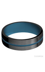 7 mm wide/Flat/Zirconium band with one 1 mm Centered inlay of Royal Blue also featuring a Royal Blue sleeve.