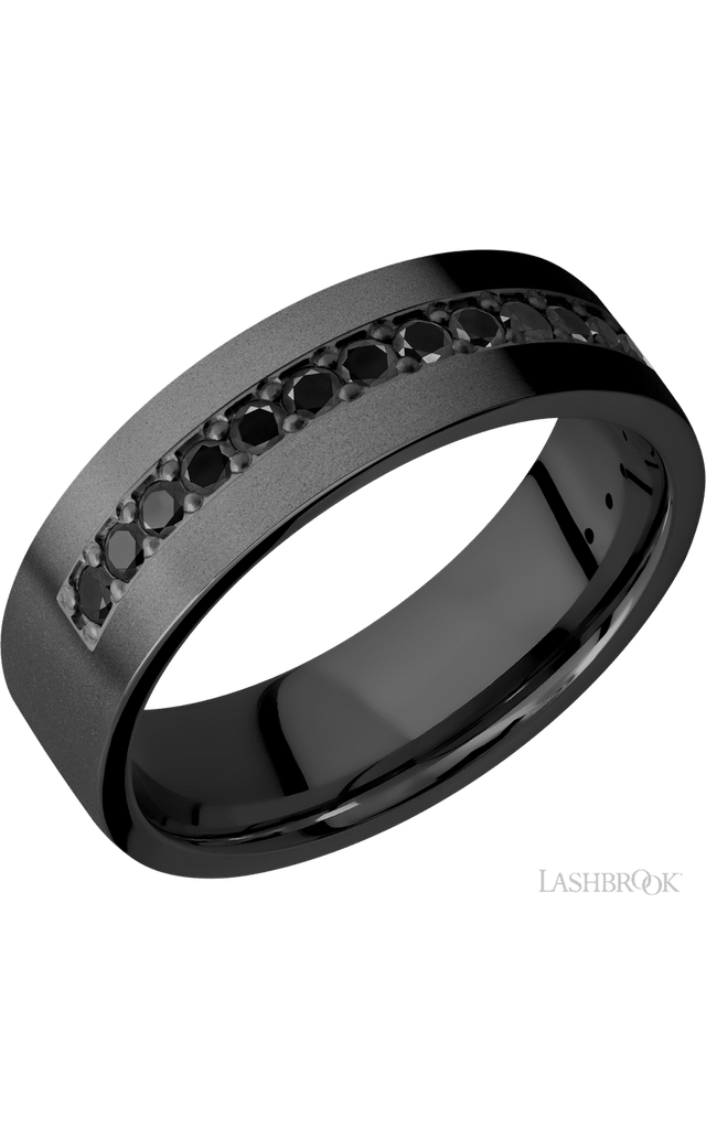 7 mm wide/Flat/Zirconium band with a Half Eternity arrangement of .03 carat Round Black Diamond stones in a Bead setting.