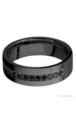 7 mm wide/Flat/Zirconium band with a Half Eternity arrangement of .03 carat Round Black Diamond stones in a Bead setting.