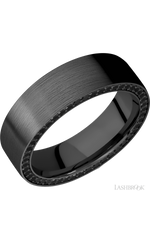 7 mm wide/Flat/Zirconium band with a Side Eternity arrangement of .01 carat Round Black Diamond stones in a Bead setting.
