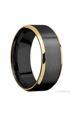 8 mm wide/Beveled/Zirconium band with two 1 mm Edge inlays of 14K Yellow Gold.