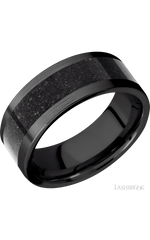 8 mm wide/Flat/Zirconium band with one 5 mm Centered inlay of Dinosaur Bone Black.