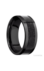 8 mm wide/Flat/Zirconium band with one 5 mm Centered inlay of Dinosaur Bone Black.
