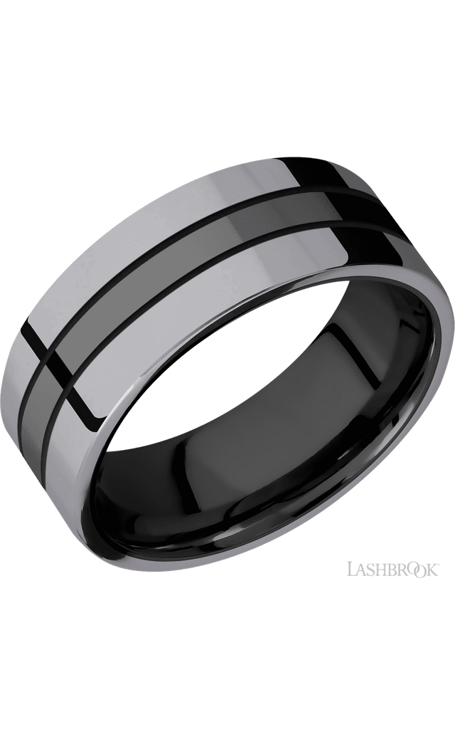 8 mm wide/Flat/Zirconium band with two 3 mm Double Off Center Edge inlays of Tantalum.