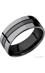 8 mm wide/Flat/Zirconium band with two 3 mm Double Off Center Edge inlays of Tantalum.