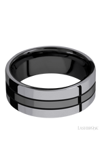 8 mm wide/Flat/Zirconium band with two 3 mm Double Off Center Edge inlays of Tantalum.