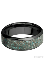 8 mm wide/High Bevel/Zirconium band with one 5 mm Centered inlay of Ocean Jasper.