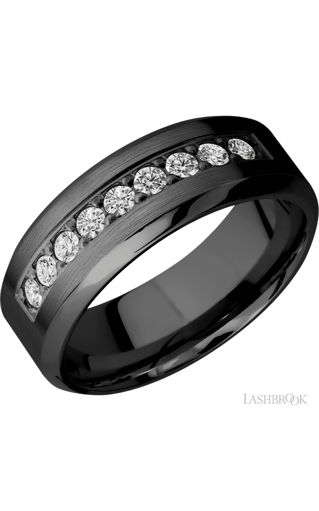 8 mm wide/High Bevel/Zirconium band with an  arrangement of 9, .05 carat Round Diamond stones in a Bead setting.