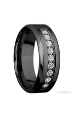 8 mm wide/High Bevel/Zirconium band with an  arrangement of 9, .05 carat Round Diamond stones in a Bead setting.