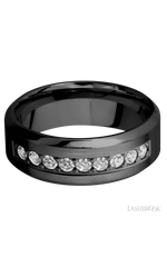 8 mm wide/High Bevel/Zirconium band with an  arrangement of 9, .05 carat Round Diamond stones in a Bead setting.